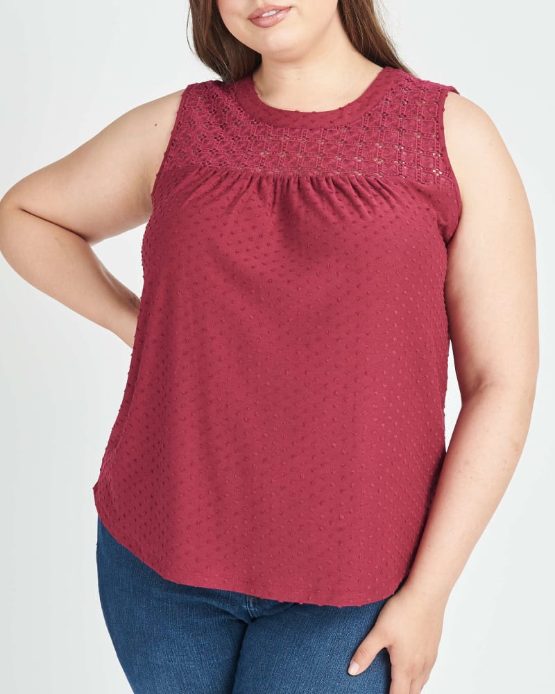 Front of a model wearing a size 3X Rylee Embroidered Tank in JAM by Daniel Rainn. | dia_product_style_image_id:297544